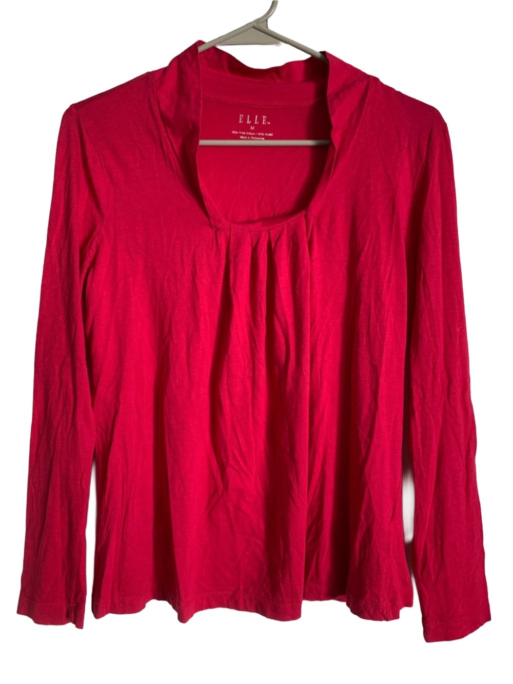 ELLE Women’s Pink Pima Cotton Modal Long Sleeve Pleated Rounded V-neck Blouse
